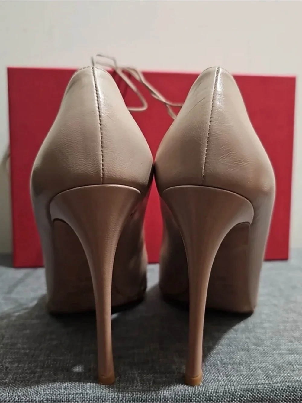 Valentino Nude Pink Lace-Up Pointed Toe Pumps